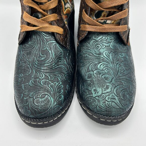 Womens Size 43 Bohemian-Style Mid-Calf Lace-Up Boots With Embossed Floral Design - Picture 4 of 10